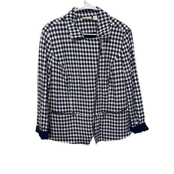 Chico's Gingham Moto Jacket Blue White Women's Size 12 - Picture 1 of 8